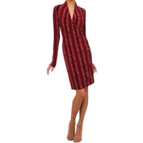 Norma Kamali Red & Black Print Faux Wrap Stretch Jersey Dress Size Small - Picture 1 of 9
